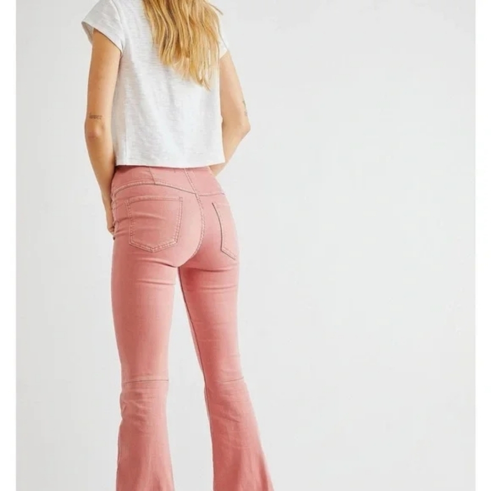 Free People Penny Pull On Flare Denim Jeans Pink Rose Size 27 NWOT - Picture 3 of 16